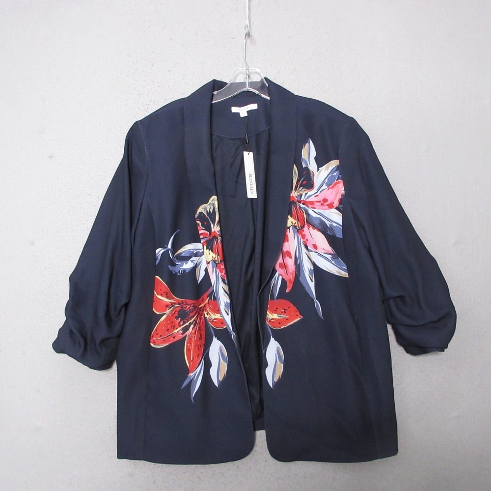 Chicos Blazer Blue Floral Boho Ruched Sleeve Lightweight Garden Botanical NWT